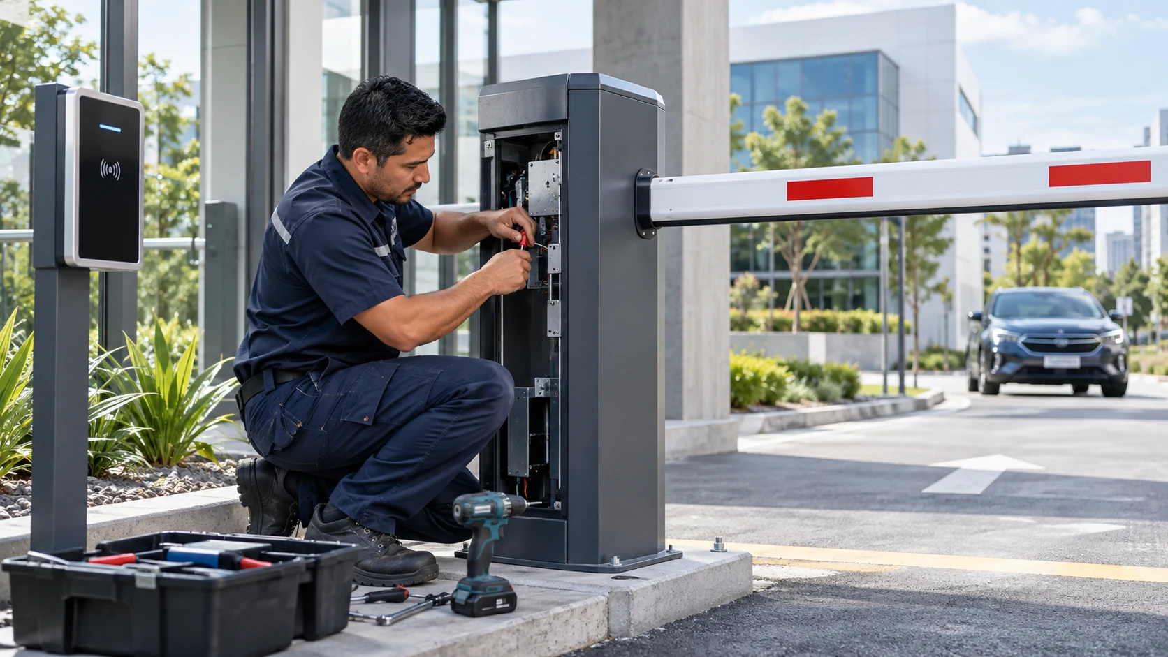Imagen ilustrativa de un técnico trabajando en una barrera de estacionamiento