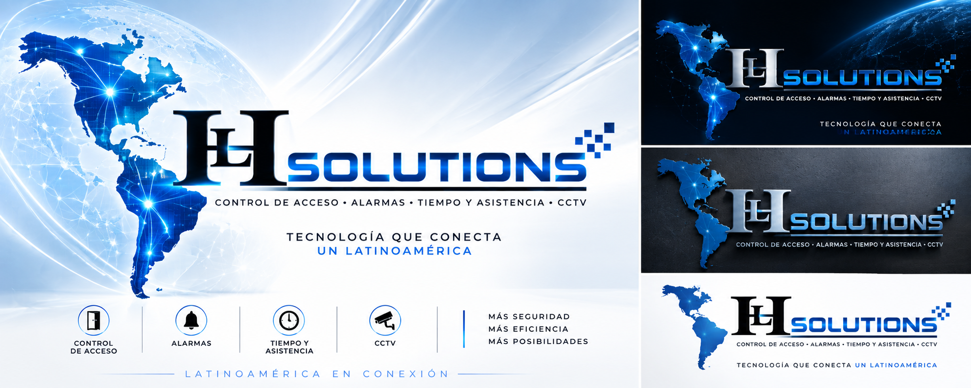 Identidad visual de HL Solutions en azul, blanco y negro, con un mapa de América y símbolos de sus líneas de seguridad